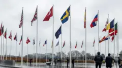 NATO Karargâhı avlusunun fotoğrafı. Ortada bir NATO bayrağı, etrafında ise müttefiklerin bayrakları dikili. 