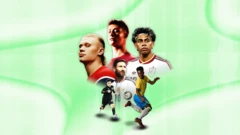 Images of a group of famous footballers including Lamine Yamal, Arda Guler, Erling Haaland, Lionel Messi, Vinicius Jr and Gilberto Mora