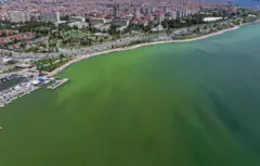 Vista aérea da Turquia, que mostra o mar verde e várias casas à beira-mar