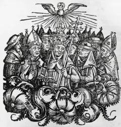 Papa Martinho 5°, cuja eleição em 1417 pôs fim ao Cisma do Ocidente, cercado por cardeais e bispos no Concílio de Constança