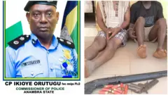 Kọmishọna ndị uweojii n'Anambra Steeti yi uwe ọrụ ha, Ụmụnwoke abụọ nọdụ n'ala gbara ụkwụ nkịtị mana ihu ha egosighi maka na ha bụ ndị a na-enyo gburu ụmụnwaanyị atọ ndị mba Kamerun n'Anambra Steeti.