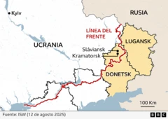 Mapa que resalta la zona del Donbás en amarillo. Las ciudades de Slávyansk y Kramatorsk, en Donetsk, están marcadas dentro del área del lado ucraniano de la línea del frente, que está marcada en rojo. Fuente: ISW, 12 de agosto de 2025.