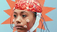 صورة مصنوعة تصور وجه إمرأة حقيقي مع دماغ ظاهر غير حقيقي ويتم توصيله بأسلاك قياس النبضات