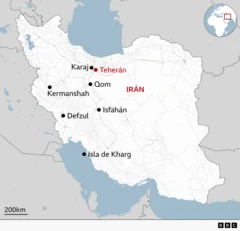 Mapa con las ciudades atacadas por Israel y Estados Unidos en Irán.