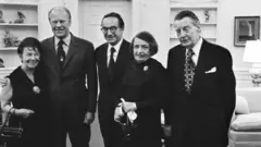 De izquierda a derecha aparecen Rose Goldsmith (madre de Alan Greenspan), el presidente Gerald R. Ford, Alan Greenspan, la escritora Ayn Rand y su esposo Charles Francis «Frank» O'Connor, tras la toma de posesión de Greenspan como presidente del Consejo de Asesores Económicos en el Despacho Oval.