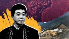 တရုတ် -မြန်မာ နယ်စပ် မြေပုံနောက်ခံ၊ မြေရှားသတ္တု တူးဖော်တဲ့နေရာနဲ့ KIC ဒုတိယ်ဥက္ကဋ္ဌ ဗိုလ်ချုပ်ဂွမ်မော်တို့ ပေါင်းစပ်သရုပ်‌ ဖော် ထားတဲ့ သရုပ်ဖော်ပုံ 