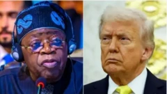 Aarẹ Bola Tinubu wọ aṣọ olomo aro, o si de fila, Aarẹ Donald Trump wọ kooru alawọ dudu pẹlu tai olomi ọsan.