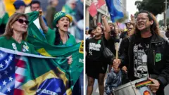 A composite photo shows supporters of Jair Bolsonaro waving Brazilian flags and dressed in Brazil football shirts on the left, and on the right opponents of Bolsonaro are seen. One woman has her fist in the air, while a man plays a drum. 