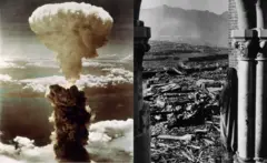 À esquerda, uma densa coluna de fumaça, coroada por uma nuvem em forma de cogumelo, eleva-se a cerca de 18 mil metros de altura sobre o porto japonês de Nagasaki após a explosão da bomba atômica “Fat Man”. À dir., uma estátua situada sob um arco da Catedral Católica de Urakami parece contemplar a devastação na direção da Escola da Missão Chinzei, ao longe, após o bombardeio atômico.