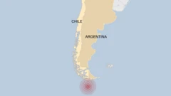 Mapa mostrando o Chile e a Argentina com a área do epicentro do terremoto.