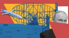 Коллаж: слева беспилотник, справа Путин с частично закрытым геометрической фигурой лицом, посередине на заднем плане радар ПВО