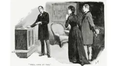 Una ilustración en blanco y negro que muestra a tres personas con atuendos del siglo XIX. Dos de ellas —una mujer con vestido largo y un hombre con traje que sostiene un sombrero— observan a otro hombre, también vestido con traje, que está de pie junto a una especie de gabinete de madera. En la parte inferior de la ilustración aparece la frase: “Well, look at this” (Bueno, observa esto).
