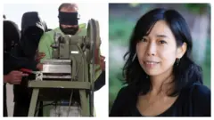 مای ساتو، گزارشگر ویژه سازمان ملل (راست)، دستگاه موسوم به گیوتین و ماموران اجرای حکم و یک زندانی در ایران