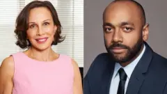 Sylvia Bongo ibumoso yambaye umwenda w'iroza na Noureddin Bongo iburyo yambaye isuti y'umukara na karuvati