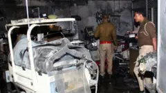 Police officers examine the damaged neonatal intensive care unit after a fire broke out at the Maharani Laxmibai Medical College in Jhansi district, in the northern state of Uttar Pradesh,