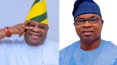 Gomina Ademola Adeleke aṣọ buba funfun pẹlu fila olomi ọsan, Oludije sipo gomina f'ẹgbẹ òṣèlú APC Ajibola Oyebamiji wọ aṣọ buluu pẹlu fila lori