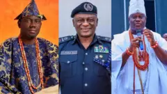 Alaafin Oyo, Oba Abimbola Owoade wọ agbada damaasiki ati fila, Tunji Disu wọ aṣọ ọlọpaa dudu pẹlu fila, Ooni Ile Ife, Oba Adeyeye Ogunwusi, wọ agbada funfun ati fila funfun