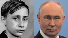 À esquerda, uma foto em preto e branco de Putin quando criança; à direita, uma foto colorida de Putin nos dias atuais.