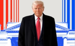 Donald Trump'ın ilk 100 gün haberi için BBC'nin hazırladığı grafik. Trump önde takım elbiseli, arkada mavi tonlarla Beyaz Saray çizimi yer alıyor.