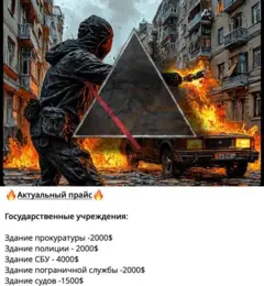 La mitad superior de la imagen muestra una ilustración gráfica de un canal ahora eliminado de Telegram dedicado al reclutamiento. Una persona con pasamontañas y ropa negra ondea una bomba molotov en una calle donde un coche y parte de la calzada ya están en llamas. En primer plano, un gran triángulo con una línea roja que lo atraviesa —el logotipo del canal— se superpone a la escena. La mitad inferior de la imagen muestra una lista de precios sin traducir, en texto cirílico, que ofrece pagos que van desde los 1500 hasta los 4000 dólares por incendiar diferentes tipos de edificios públicos y gubernamentales.