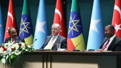 Pirezidantii Somaaliyaa Hasan Sheek Mohaammud [bitaa], Pirezidantii Turkii Reseeph Xayyiib Erdogaan [gidduu] fi Ministira Muummee Itoophiyaa Abiy Ahimad