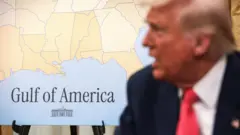 Trump y mapa del Golfo de México con el nombre Golfo de América y una pequeña ilustración de la Casa Blanca