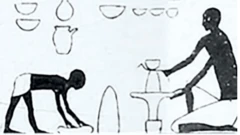 No topo, há oito vasos desenhados. Abaixo deles, à direita, está um oleiro sentado, usando a mão para girar uma roda de oleiro, na qual está um vaso que está criando. À esquerda, há outra pessoa curvada, prestes a levantar um vaso do chão