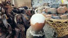 Сіль у формі яйця, запакована в керамічну оболонку, стоїть на деревʼяній колоді, на задньому тлі інші яйцеподібні керамічні предмети у великому кошику