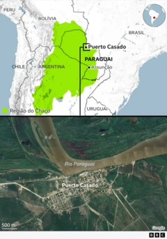 Mapa mostra a região do Chaco no Paraguai com destaque a Puerto Casado
