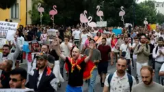 Protestocular pembe flamingo şeklinde dövizler taşıyor.