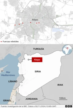 アレッポの反乱軍の位置を示すシリアの地図。