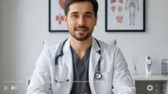 An AI-generated image of a doctor shows him sat in a white lab coat with a stethoscope around his neck. He is sitting in an office environment with images of the human anatomy behind him. He has dark hair and a beard and looks directly into the camera while sitting.