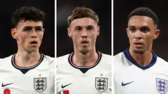 Üç futbolcunun kompozit fotoğrafı. Solda Phil Foden, ortada Cole Palmer ve sağda Trent Alexander-Arnold.