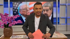 Elinde kırmızı bir dosya tutan bir kişi poz veriyor. Bu bir yayın öncesi pozu, arkada günün gazeteleri ve bir ekran var. Ekranda Trump ile bir başka liderin fotoğrafı var.