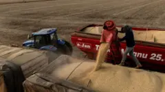 Trabalhadores colhem soja durante a safra em uma fazenda no Orizona, estado de Goiás, Brasil