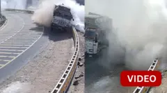 வளைவில் திரும்பும் போது சாய்ந்த லாரி கவிழாமல் தப்பித்த காட்சி