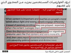 رسمٌ بياني يعرض تقريراً داخلياً لشركة ميتا بعنوان: "الخوارزميات توفّر للمستخدمين مزيداً من المحتوى الذي يثير غضبهم". ويُظهر المستند عدداً من النقاط التي توضح أن الناس يتفاعلون بشكل مختلف مع المحتوى الذي يمسّ قضايا مهمة أو يرتبط بمعتقداتهم الأخلاقية، مشيراً إلى أنهم "ينجذبون إليه… خصوصاً عندما يثير هذا المحتوى غضبهم". كما تذكر نقطة أخرى أنه بسبب هذا التفاعل غير المتناسب، "تفترض خوارزمياتنا أن المستخدمين يحبّون هذا النوع من المحتوى ويرغبون في رؤية المزيد منه."