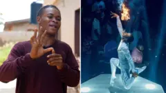 Tosin in one photo performing his art, and another photo shows him speaking