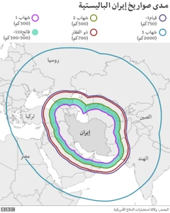 خريطة توضح مدى الصواريخ الباليستية الإيرانية
