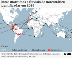 Mapa mostrando as principais rotas marítimas e fluviais do tráfico de drogas