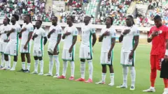 Nigeria line up during di 2026 FIFA World Cup Qualifier match between Nigeria Super Eagles and Rwanda Amavubi, wia Nigeria win 1-0, for di Godswill Akpabio Stadium in Uyo, Akwa Ibom State, Nigeria, on September 6, 2025.