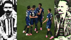 Montagem com três imagens lado a lado. À esquerda, uma fotografia em preto e branco granulada de Charles Miller jovem, vestindo uma camisa de futebol antiga de gola listrada, com bigode e cabelo penteado para o lado. No centro, uma fotografia colorida de quatro jogadores da seleção brasileira em campo, comemorando um gol, vestindo o uniforme reserva azul-marinho com detalhes rosa — visíveis os números 20, 5 (Casemiro), 7 e 9. À direita, um retrato antigo e desgastado de Thomas Donohoe, homem de bigode vestindo terno, com a mão apoiada no peito.