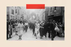 Una mujer con la cabeza rapada, acusada de colaborar con los nazis, camina junto a una mulitud luego de la liberación de Francia.