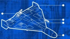 Ilustração em estilo desenho técnico mostra drone militar de formato triangular, traçado em linhas brancas sobre um fundo azul quadriculado. Linhas e pontos indicam diferentes partes do drone.