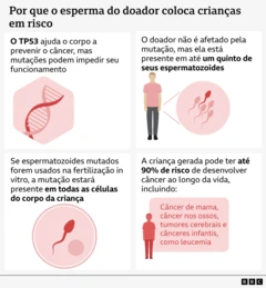 Infográfico explica como uma mutação no gene TP53 presente no esperma do doador pode gerar risco de câncer em crianças concebidas por fertilização in vitro.
Painel superior esquerdo: fita de DNA com o texto “O TP53 ajuda o corpo a prevenir o câncer, mas mutações podem impedir seu funcionamento”.
Painel superior direito: figura humana ao lado de ilustrações de espermatozóides com o texto “O doador não é afetado pela mutação, mas ela está presente em até um quinto de seus espermatozoides”.
Painel inferior esquerdo: espermatozoide dentro de um círculo com o texto “Se espermatozoides mutados forem usados na fertilização in vitro, a mutação estará presente em todas as células do corpo da criança”.
Painel inferior direito: silhueta de uma criança com o texto “A criança gerada pode ter até 90% de risco de desenvolver câncer ao longo da vida, incluindo: câncer de mama, câncer nos ossos, tumores cerebrais e cânceres infantis, como leucemia”.