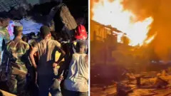 Building collapse and another building on fire