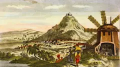 Gravura mostra Cerro Rico, a cidadesportmaniaPotosí (hoje, na Bolívia) e um moinho acionado por energia eólica para processar minério (cercasportmania1820)