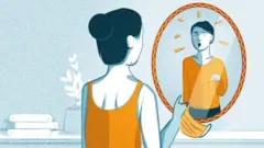 Ilustración de una mujer hablando a un espejo