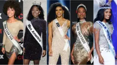 From left, Kaliegh Garris, Miss Teen USA; Nia Franklin, Miss America; Cheslie Kryst, Miss USA; Zozibini Tunzi, Miss Universe; and Toni-Ann Singh, Miss World.Credit...