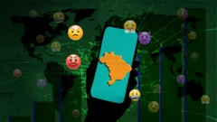 Mapa do brasil dentrocasino online da dinheirouma telacasino online da dinheirocelular, ao fundo gráficos e emojiscasino online da dinheiroraiva